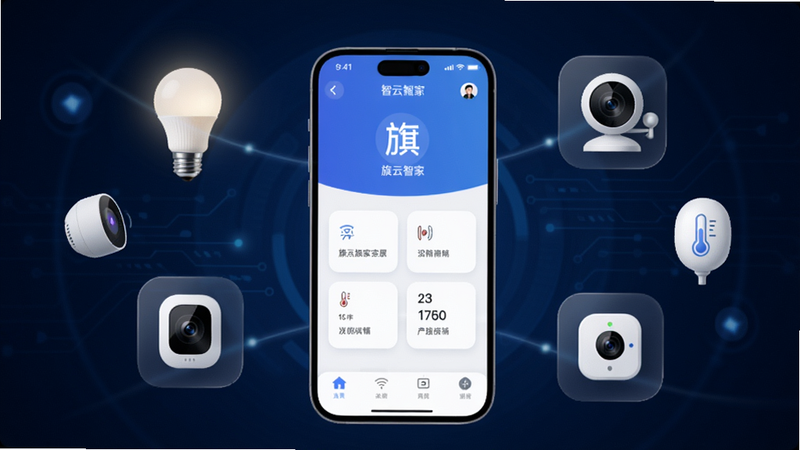 旗舰级智能家居控制APP主视觉,画面中央是一部手机显示旗云智家控制界面,周围悬浮着智能灯泡、摄像头、温湿度计等设备图标,深蓝色科技感背景,光线柔和,界面布局清晰,图标圆润,整体风格现代简约,高画质,干净无多余元素