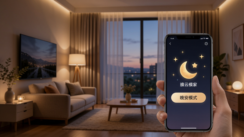 旗云智家智能场景编辑界面概念图,背景是一间现代客厅,傍晚时分,窗帘缓缓关闭,灯光柔和,手机屏幕上显示“晚安模式”按钮,周围有月亮和星星图标,场景温馨,科技感与生活感融合,高画质,干净无多余元素