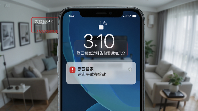 旗云智家远程告警通知示意图,手机锁屏界面显示一条告警消息,背景是模糊的客厅监控画面,有红色警告框,画面简洁,突出手机屏幕,科技蓝与警示红搭配,高画质,干净无多余元素