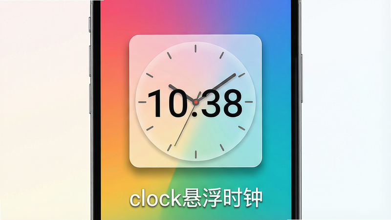 主体:一款名为“clock悬浮时钟”的安卓手机应用界面,手机屏幕中央显示一个半透明的悬浮时钟小窗,时钟数字清晰可见,背景为多彩的渐变色,手机下方有“clock悬浮时钟”字样。布局:手机居中,悬浮时钟位于屏幕中央,周围留白,突出时钟主体。排版:简洁干净,时钟数字采用大号无衬线字体,布局均衡。风格:现代扁平化,界面清爽,色彩明快。细节:时钟小窗带有轻微阴影,数字边缘锐利,背景渐变自然。画质:高清,干净,无多余元素。