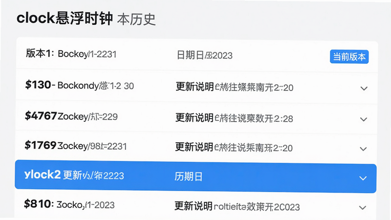 主体:“clock悬浮时钟”的版本历史页面,展示了多个版本号及更新日期,最新版本高亮显示。布局:列表形式,从上到下依次为版本号、发布日期、更新说明。排版:版本号加粗,发布日期为灰色小字。风格:简洁的列表风格。细节:最新版本有“当前版本”标签,旧版本有“历史版本”标签。画质:高清,干净,无多余元素。