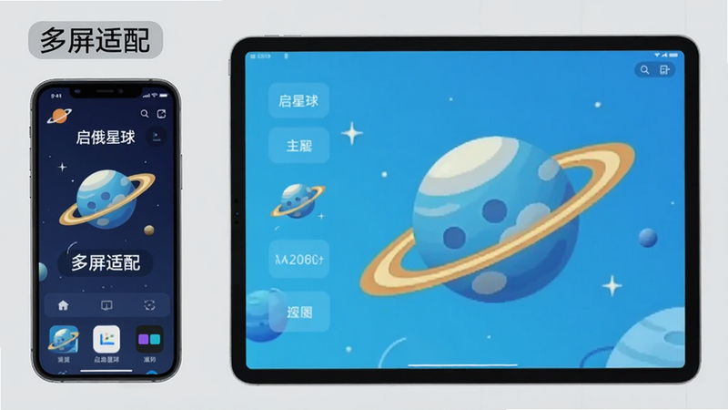 展示“启俄星球”应用在手机和平板上的使用对比图,左侧为手机竖屏界面,右侧为平板横屏界面,背景为浅灰色,突出多设备适配能力,图片中文字标注“启俄星球”及“多屏适配”字样。