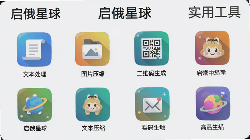 展示“启俄星球”内置工具箱界面,图标整齐排列,每个图标下方有名称标注,包括“文本处理”、“图片压缩”、“二维码生成”等,背景为淡灰色,图标色彩鲜艳,整体布局规整,突出工具的实用性与易用性。图片中文字标注“启俄星球”及“实用工具”字样。
