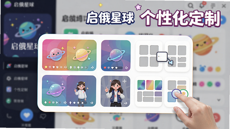 展示“启俄星球”个性化设置界面,画面中央为多个主题色块与布局缩略图,用户可拖动调整,背景为虚化的应用主界面,整体风格活泼,色彩丰富,突出定制化的乐趣。图片中文字标注“启俄星球”及“个性化定制”字样。