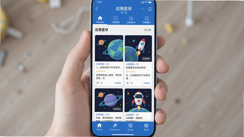 图片中展示“启俄星球”应用的完整界面,采用现代扁平化设计风格,主色调为蓝色与白色,布局清晰,分为顶部功能导航区、中部内容瀑布流区以及底部工具菜单栏。整体画质清晰、干净,无多余元素,突出应用的科技感与实用性,图片中文字标注“启俄星球”及“0.1.16”版本号。