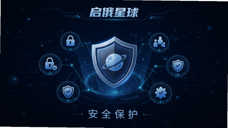 展示“启俄星球”安全中心界面,镜头中央是一个盾牌图标,周围环绕着加密、隐私、防护等小图标,背景为深蓝色科技感纹理,整体风格严肃而专业,突出安全可靠的形象。图片中文字标注“启俄星球”及“安全保护”字样。