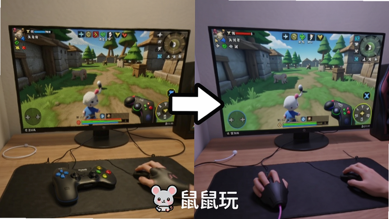 一张对比图,左侧是卡顿的游戏画面,右侧是流畅的游戏画面,中间有箭头指向右侧,下方有“鼠鼠玩”的Logo水印。布局为左右对比,风格为写实游戏截图,色彩鲜明,画质清晰,干净无多余元素。