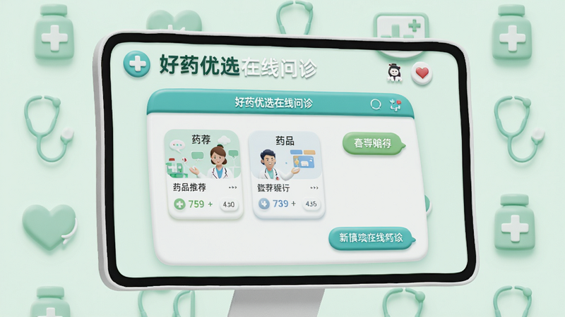 ��ҩ��ѡ����������棬��Ļ����ʾҩʦ���촰�ڣ�����ҩƷ�Ƽ���Ƭ������Ϊǳ��ɫҽ��ͼ�꣬�����Ѻã������ǿ���ִ�UI��ƣ������������޶���Ԫ��