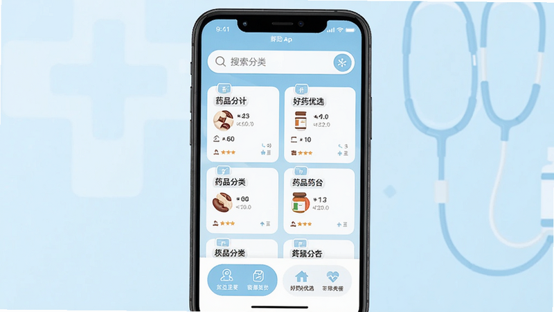 ��ҩ��ѡApp����չʾ���ֻ���Ļ��ʾҩƷ�����б����Ϸ��������·����ܰ�ť������Ϊ����ɫҽ�Ʒ�񣬸ɾ����࣬��ƽ����ƣ����廭�ʣ��޶���Ԫ��