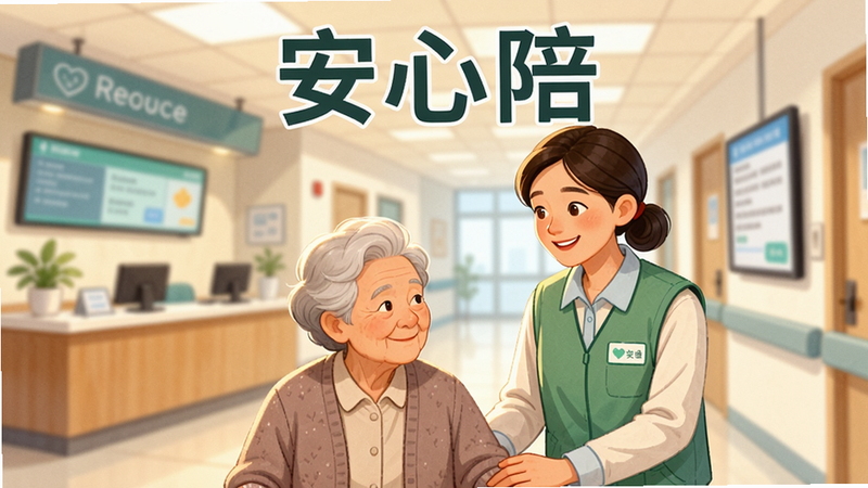 一幅温暖明亮的插画,前景是一位穿着绿色马甲的陪诊员正微笑着搀扶一位老人走在医院走廊,背景是模糊的导诊台和电子屏,画面干净整洁,风格写实且温馨,画质高清,光线柔和,无多余元素,图片上端写着“安心陪”三个大字