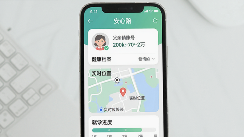 一幅手机界面设计图,显示“安心陪”的“亲情账号”页面,上方是父母头像和健康档案,下方是“实时位置”地图和“就诊进度”条,配色清新,扁平化风格,画质干净,无多余元素