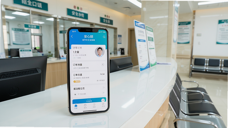 一部手机正在运行“安心陪”应用的实拍图,屏幕显示订单详情和陪诊员头像,手机放在医院导诊台旁边,背景有挂号窗口和候诊椅,画面清晰,构图自然,色调明亮,画质高清,无多余元素