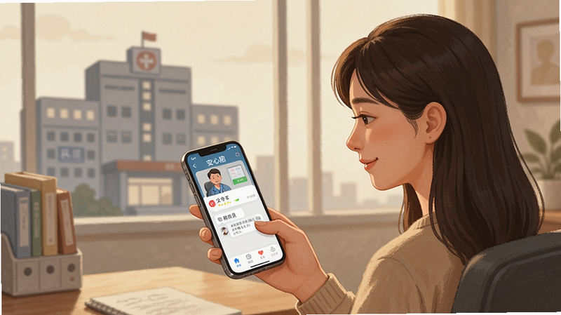 温馨的家庭场景插画,一位年轻女性在办公室用手机查看“安心陪”家庭账号界面,屏幕上显示父亲正在医院候诊的实时状态和陪诊员留言,窗外是医院大楼剪影,画面色调温暖,细节丰富,风格写实,画质干净,无多余元素