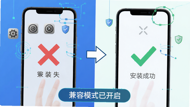 主体:两个手机屏幕对比,左边显示安装失败红叉,右边显示安装成功绿勾。布局:左右分屏,中间有箭头符号。排版:底部有“兼容模式已开启”提示条。风格:科技感插画。细节:系统设置图标、盾牌图标。画质:清晰,简洁,无多余元素。