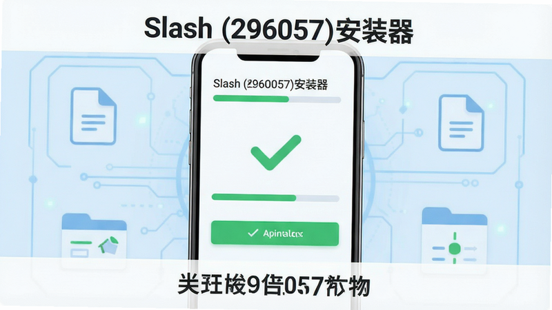 主体:一部智能手机屏幕显示安装进度条,背景为淡蓝色科技感界面,中央有“Slash (296057)安装器”字样。布局:手机居中,屏幕内显示安装成功对勾图标,四周留白。排版:文字置于手机上方与下方。风格:扁平化设计,简洁现代。细节:安装进度条、文件图标、绿色高亮按钮。画质:1080p,干净,无多余元素。