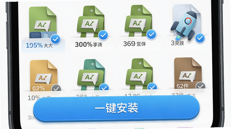 主体:手机界面展示多个APK文件图标排列,底部有“一键安装”按钮。布局:网格状排列,按钮醒目。排版:文件图标带选中对勾。风格:拟物与扁平结合。细节:进度百分比、文件大小标注。画质:高清,干净,无多余元素。
