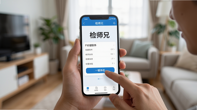 主体:检师兄软件在手机上的实际使用场景,用户手持手机进行体检操作。布局:手机屏幕显示检师兄主界面,背景为模糊的客厅环境。排版:手机居中,界面清晰可见。风格:生活化、真实感。细节:屏幕上有“检师兄”字样,用户手指点击“一键体检”按钮。画质:高清,干净,无多余元素。