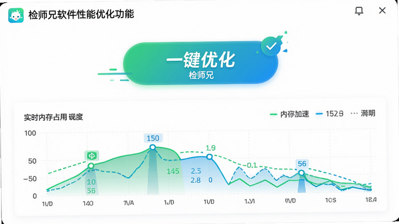 主体:检师兄软件的性能优化功能界面,展示垃圾清理和内存加速的进度。布局:上方为清理按钮,下方为实时内存占用图表。排版:动态数据展示,清晰直观。风格:活力、动感,绿色和蓝色搭配。细节:清理按钮带有“一键优化”文字,并标注“检师兄”品牌。画质:高清,干净,无多余元素。