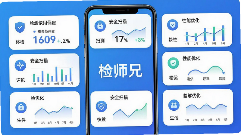 主体:检师兄软件的主界面截图,展示手机体检、安全扫描、性能优化等核心功能模块。布局:界面清晰,功能图标排列整齐,背景为渐变蓝色。排版:简洁现代,功能卡片采用圆角设计。风格:科技感、专业、明亮。细节:屏幕中央显示“检师兄”字样,周围有各项检测数据的可视化图表。画质:高清,干净,无多余元素。