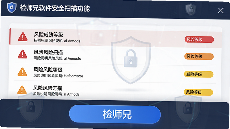 主体:检师兄软件的安全扫描功能界面,显示扫描到的威胁列表。布局:列表形式,每个威胁项前有警示图标和风险说明。排版:清晰易读,风险等级用颜色区分(红、橙、黄)。风格:严谨、专业,带有安全盾牌元素。细节:扫描按钮醒目,并标注“检师兄”字样。画质:高清,干净,无多余元素。
