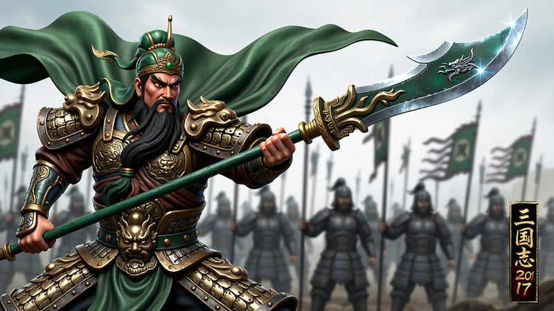主体为一名身穿华丽盔甲的武将(如关羽形象),手持青龙偃月刀,身后是模糊的军队剪影,画面右下角有“三国志2017”的竖排小字。布局采用对角构图,武将处于画面左侧三分之一处,向右上方延伸出动态的披风和刀锋,右侧留白给军队背景。排版强调力量感,武将姿态充满张力,背景虚化处理。风格为CG渲染,金属质感强烈,光影层次分明,细节包括盔甲上的纹饰、刀刃的寒光。画质为超高清,干净无多余元素。