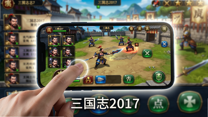主体为一位玩家正在使用手机玩三国志2017,手机屏幕放大显示游戏画面,背景是虚拟的游戏操作界面,有武将列表和战斗按钮。布局为特写镜头,手机占据画面中心,周围有轻微的虚化光效。排版简洁,突出游戏画面内容,手机下方有“三国志2017”字样。风格为现代写实,光线明亮,细节包括手指点击屏幕的动作、游戏画面的色彩。画质为高清,干净无多余元素。