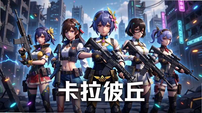主体:《卡拉彼丘》游戏主视觉图,展示多位二次元美少女角色持枪站立,背景是未来科技感城市废墟。布局:角色居中排列,前方有游戏LOGO“卡拉彼丘”字样,四周有光效粒子。排版:横向宽幅构图,角色与背景层次分明。风格:日系动漫风,高饱和色彩,光影对比强烈。细节:角色服装纹理清晰,武器细节精致,背景建筑有破损与霓虹灯。画质:8K超高清,细腻渲染,干净无多余元素。