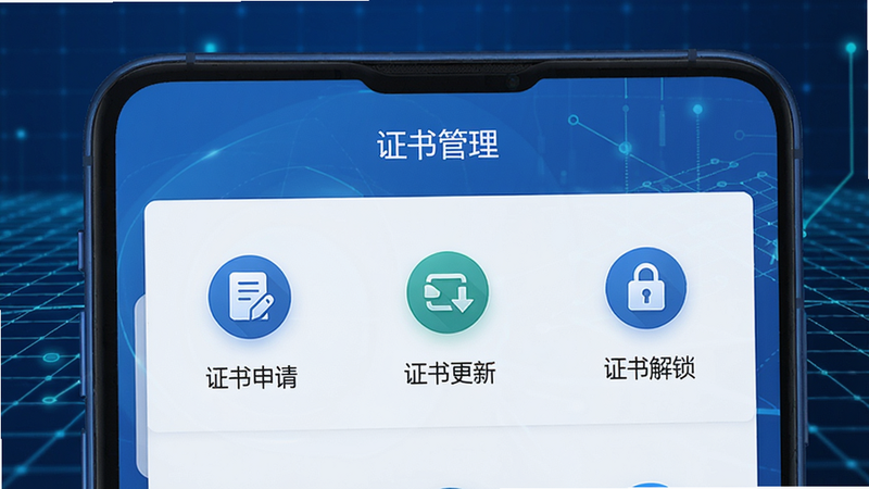 辽易通GO数字证书管理页面,手机屏幕内显示“证书管理”列表,包含“证书申请”、“证书更新”、“证书解锁”等图标,每个图标下方有简明文字说明,背景为科技感网格图案,整体色调为蓝白,风格专业,画质清晰,无多余元素