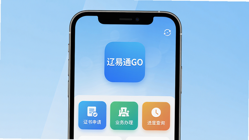 辽易通GO手机应用主界面展示,背景为浅蓝色渐变,界面中央显示“辽易通GO”白色字样的应用图标,下方排列着“证书申请”、“业务办理”、“进度查询”等彩色功能按钮,整体布局简洁大方,风格现代,画质干净,无多余元素