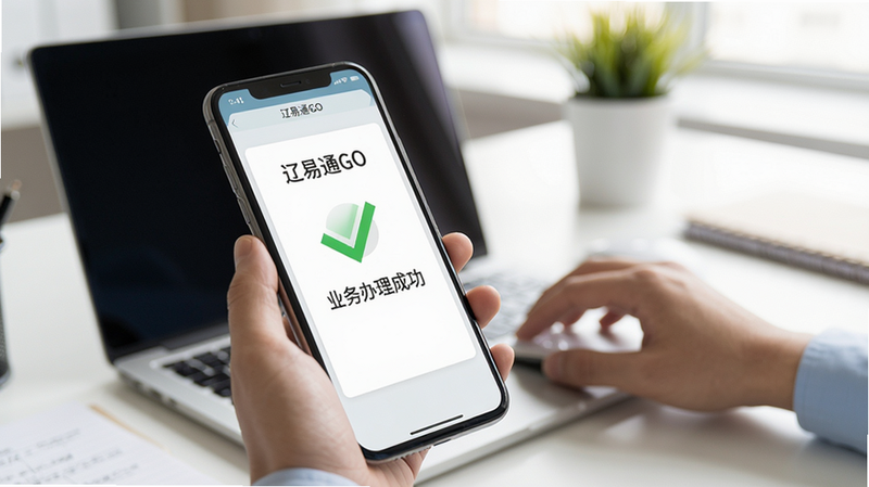 用户正在使用辽易通GO办理业务的场景,画面为手机特写,屏幕显示“业务办理成功”的绿色对勾,背景是办公桌和笔记本电脑,整体风格写实,光线明亮,画质清晰,无多余元素