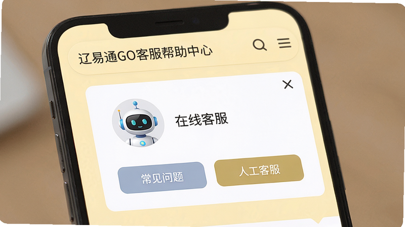 辽易通GO客服帮助中心页面,手机屏幕显示“在线客服”对话框,客服头像为机器人,下方有“常见问题”和“人工客服”按钮,背景为浅黄色,风格温馨,画质清晰,无多余元素