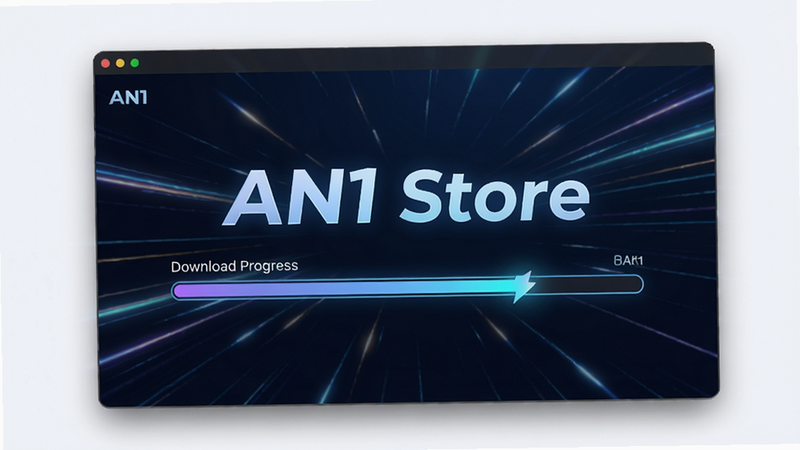 展示 AN1 Store 下载管理界面,下载进度条快速前进,背景为动感科技光效,突出“AN1 Store”品牌标识,画面动感流畅,风格现代,画质细腻,无多余元素。