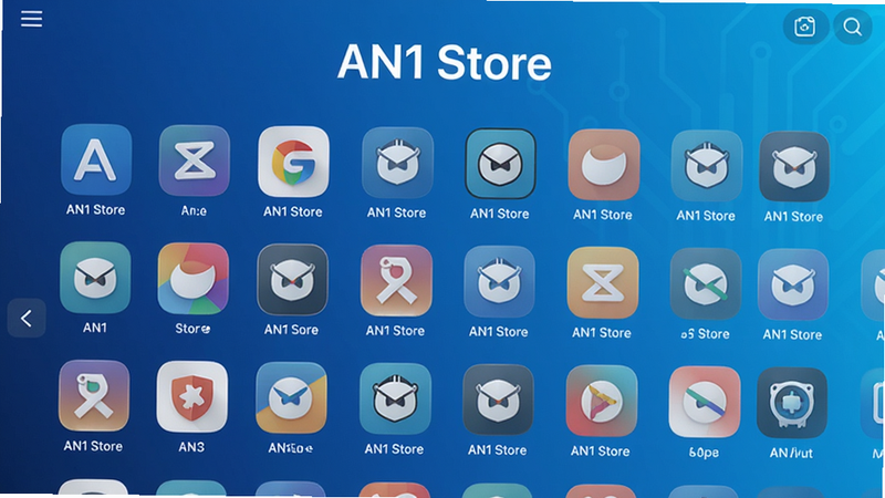 AN1 Store 应用商店主界面预览图,展示简洁的布局和丰富的应用列表,背景为现代科技感蓝色渐变,图标排列整齐,突出软件名称“AN1 Store”,整体风格清爽干净,画质高清,无多余元素。