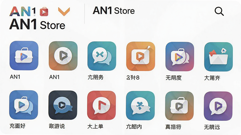 展示 AN1 Store 应用商店内丰富的软件分类界面,各类应用图标以网格形式排列,画面清晰明亮,突出“AN1 Store”字样,布局规整,风格现代,画质干净,无多余元素。