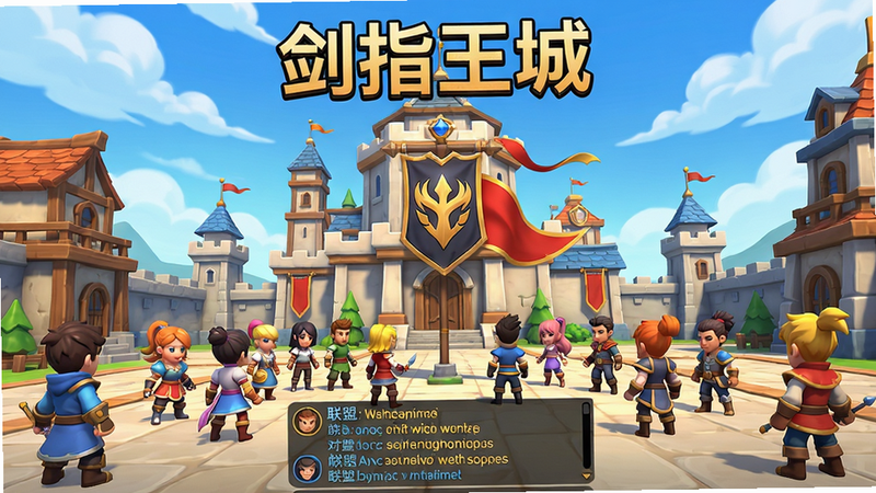 主体:游戏内联盟主城场景,多名玩家角色聚集在一起,屏幕中央有联盟旗帜和建筑。布局:主城建筑居中,玩家角色围绕四周,背景是蓝天白云。排版:画面顶部有“剑指王城”字样,底部有联盟聊天框。风格:卡通渲染,明亮活泼,色彩鲜艳。细节:建筑纹理清晰,角色服装各异,旗帜飘动。画质:高清,干净,无多余元素。