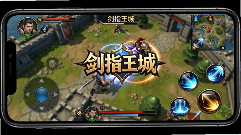 主体:手机横屏游戏画面,显示“剑指王城”的战斗界面,左侧有摇杆,右侧有技能按钮,画面清晰。布局:游戏界面充满屏幕,UI控件边缘整齐。排版:画面中央有“剑指王城”的Logo,底部有角色血条。风格:写实游戏截图,颜色鲜艳。细节:技能按钮有冷却动画,地图细节丰富。画质:超清,干净,无多余元素。