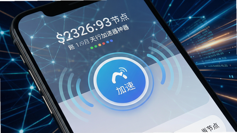 一张展示天行加速器神器应用界面的高清截图,主体是手机屏幕中的加速主界面,中央有一个醒目的圆形加速按钮,上方显示当前网络延迟数值与节点名称,背景是抽象的动态网络线条与速度光效,布局简洁明了,排版突出核心加速功能,风格科技感十足,细节包括信号波纹与数据流动画,画质清晰干净,无多余元素