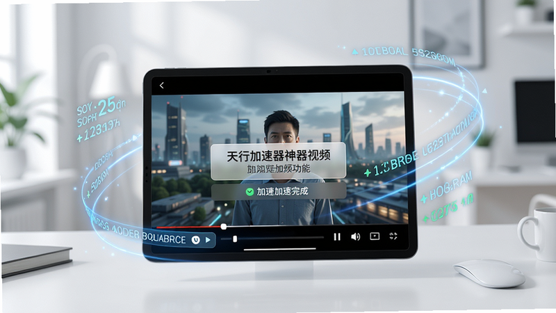 一张展示天行加速器神器视频加速功能的场景图,主体是平板电脑正在播放高清视频,周围有加速数据环绕,布局居中,排版富有动感,风格现代简约,细节包括视频画面与加速完成提示,画质干净明亮,无多余元素