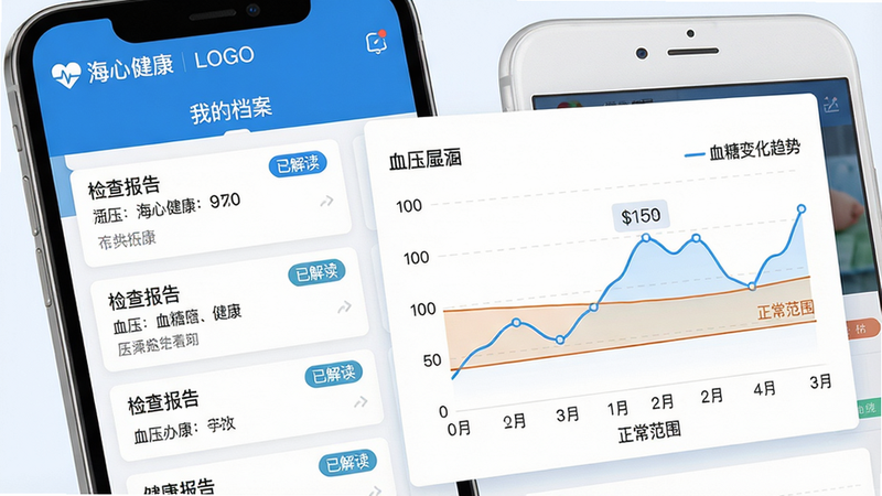 主体:海心健康APP的健康档案页面,屏幕上展示各类检查报告和健康趋势曲线。布局:手机屏幕为主,左侧是报告列表,右侧是折线图展示血压、血糖变化趋势。排版:界面简洁,数据可视化清晰,顶部有“海心健康”LOGO和“我的档案”标题。风格:医疗数据可视化风格,蓝白配色,图表线条流畅。细节:报告卡片上有“已解读”标签,趋势图下方有“正常范围”参考线,整体专业且易读。画质:高清,干净,无多余元素。
