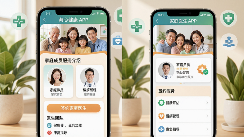 主体:海心健康APP家庭医生服务页面,展示家庭成员列表和医生团队信息。布局:手机屏幕上方为全家福头像,下方是医生团队介绍和签约服务内容列表。排版:卡片式布局,每个家庭成员有独立卡片,医生信息带认证标识。风格:温馨家庭风格,背景有绿色植物和医疗图标,色彩温暖。细节:页面中有“签约家庭医生”按钮,服务内容包括“健康评估”、“慢病管理”、“康复指导”等,整体亲和力强。画质:高清,干净,无多余元素。