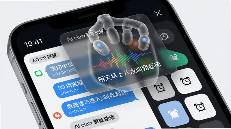 画面主体是一个悬浮在手机屏幕上方的半透明“AI claw智能助理”爪印状语音助手面板,面板内显示彩色声波频谱与“明天早上八点叫我起床”的文字识别结果。布局为手机屏幕特写,助手面板位于屏幕中央偏上。排版采用左右分栏,左侧是对话气泡列表,右侧是快捷指令按钮。风格为科技感UI界面截图,细节包含时间提醒标签与闹钟图标,画质高清,干净无多余元素。