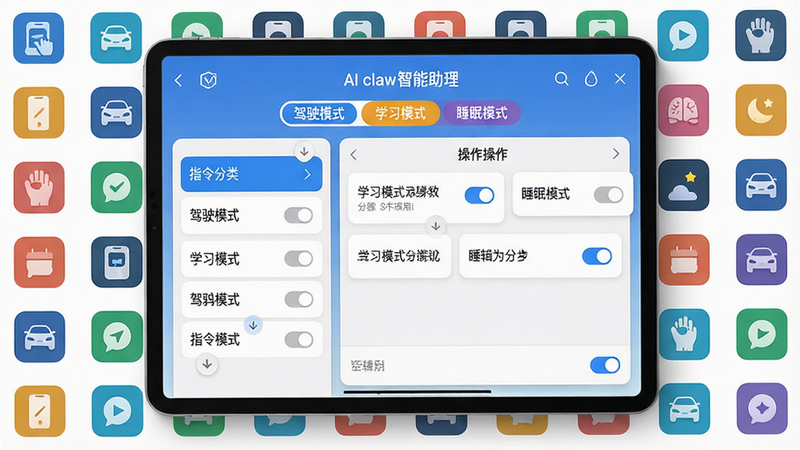主体为一张铺满手机功能图标的网格背景,中央展示“AI claw智能助理”的指令管理界面,界面顶部是“驾驶模式”、“学习模式”、“睡眠模式”三个彩色标签页。布局为平板电脑横屏展示,左侧为指令分类列表,右侧为具体操作步骤编辑区。排版整齐,采用卡片式布局。风格为明亮的信息图设计,细节包含拖动排序的交互箭头与开关按钮,画质精细,干净无多余元素。