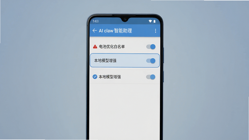 主体为一部安卓手机竖屏画面,屏幕中显示“AI claw智能助理”的设置页面,页面顶部有“电池优化白名单”和“本地模型增强”两个高亮选项开关。布局为手机居中,背景为柔和的渐变蓝灰色。排版为列表式UI设计,每个选项右侧有Toggle开关。风格为干净的系统截图风格,细节包含红色叹号警告图标与蓝色对勾提示图标,画质高清明亮,无多余元素。