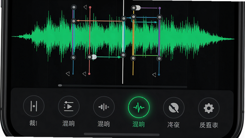 主体:手机屏幕显示音频编辑界面,波形图上有多条彩色标记线,下方有裁剪、混响等工具按钮。布局:波形图占据屏幕上半部分,工具栏位于下方。排版:工具按钮以圆形图标排列,每个图标下方有文字说明。风格:深色主题,波形图以亮绿色显示,界面科技感强。细节:波形图上的标记点可以拖动,工具栏中的“混响”按钮高亮。画质:高清,干净,无多余元素。