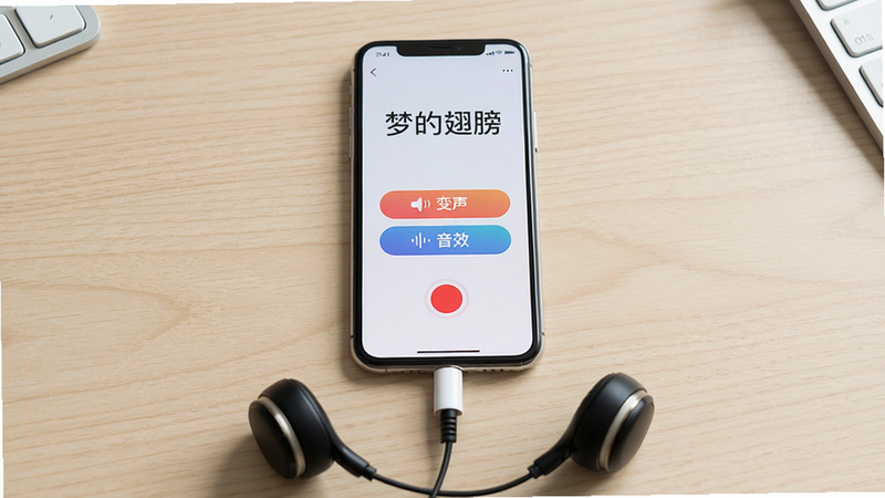 主体:一部智能手机竖屏显示梦的翅膀语音盒应用界面,旁边有一副耳机。布局:手机位于画面中央,耳机放在手机下方。排版:手机屏幕清晰显示“变声”和“音效”两个主要按钮。风格:简洁的桌面场景,背景为浅色木纹桌面。细节:手机屏幕上有一个红色的录音按钮,耳机插头插入手机底部。画质:高清,干净,无多余元素。