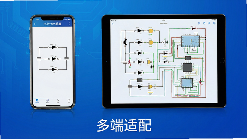 主体:ESim电工仿真在手机与平板上的操作对比图。布局:左侧为手机竖屏界面,右侧为平板横屏界面。排版:两张设备图并排,下方有文字说明“多端适配”。风格:科技感宣传图,背景为渐变蓝色。细节:手机屏幕上显示简单电路,平板屏幕上显示复杂电路,画面清晰。画质:高分辨率,无多余元素