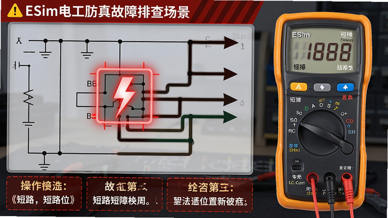 主体:ESim电工仿真故障排查场景,画面中电路图某处标有红色闪电符号表示故障。布局:左侧为电路图,右侧为虚拟万用表和操作提示。排版:故障点用闪烁的红框标注,操作步骤显示在底部。风格:教学实训风格,界面带有警示色调。细节:万用表显示异常数值,导线颜色变暗,提示信息明确指出短路位置。画质:高清晰度,画面干净无多余装饰