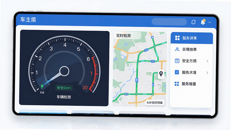 好安全车主软件主界面预览图,展示车辆检测仪表盘、实时路况地图、服务菜单列表,布局清晰,以蓝白为主色调,扁平化设计风格,图标精致,画质高清,干净无多余元素