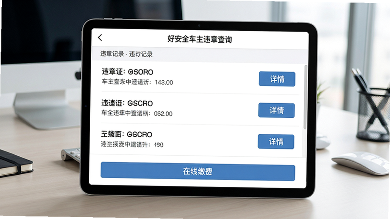 好安全车主违章查询界面,列表显示违章记录,每条记录有详情按钮,底部有在线缴费按钮,背景为简约办公桌,界面风格商务清晰,画质干净,无多余元素