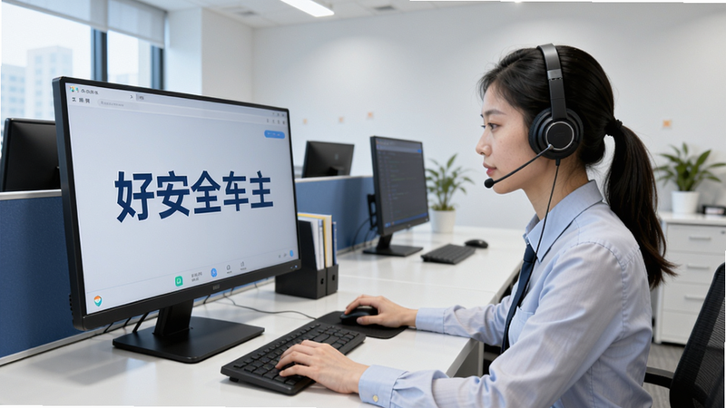 好安全车主客服团队工作场景,客服人员正在电脑前解答问题,屏幕上有“好安全车主”字样,背景为办公室,风格专业,画质清晰,干净无多余元素